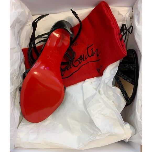 Christian Louboutin NIB Renee Glitter 100 Black Ankle Strap Heels Sandals 39.5 - Picture 4 of 7